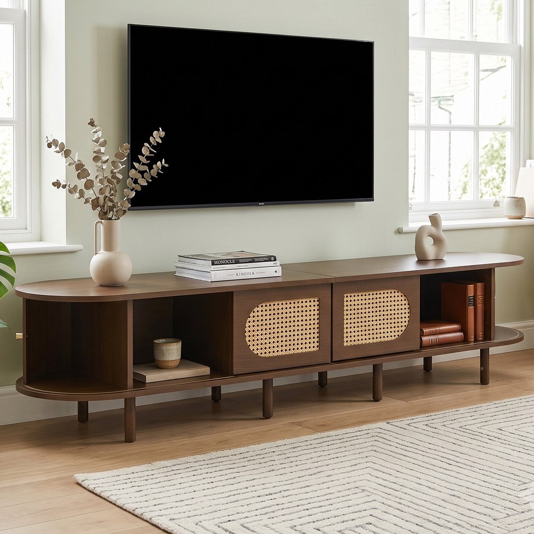 Dark walnut oval TV stand with rattan design 2 sliding doors 180x40x40cm MAPLE ORGANIZER
