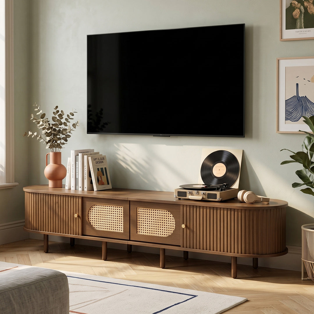 Dark walnut oval TV stand with rattan design 2 sliding doors 180x40x40cm MAPLE ORGANIZER