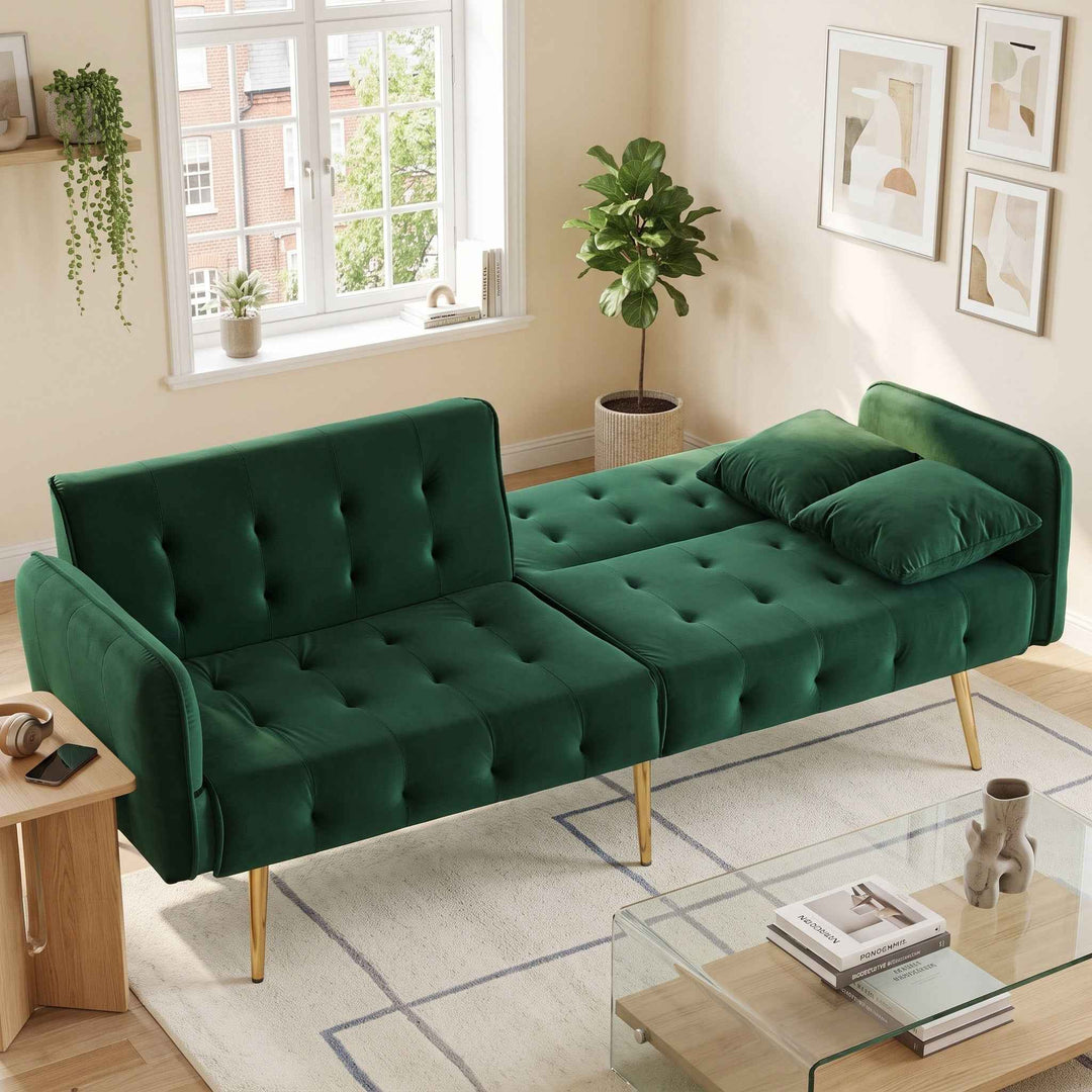 00+Sofa Bed 2-Seater Velvet Green, Adjustable Backrest & Armrests, Space-Saving for Living Room MAPLE PLUS