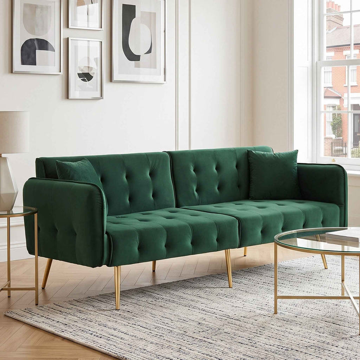 00+Sofa Bed 2-Seater Velvet Green, Adjustable Backrest & Armrests, Space-Saving for Living Room MAPLE PLUS
