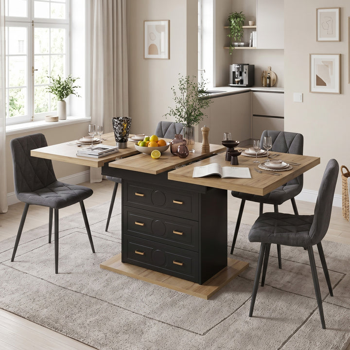 Extendable wooden black 6-seater dining table with drawers storage 110-140cm MAPLE ROOM