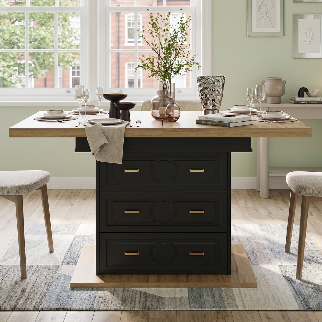 Extendable wooden black 6-seater dining table with drawers storage 110-140cm MAPLE ROOM