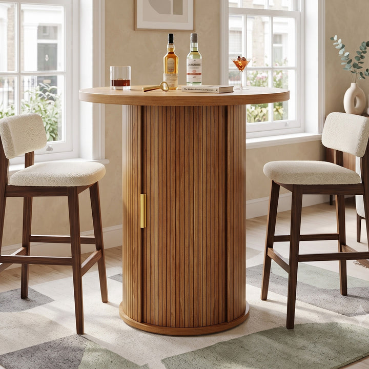 Wooden slatted round bar table with sliding door storage cabinet H92cm MAPLE SOFA