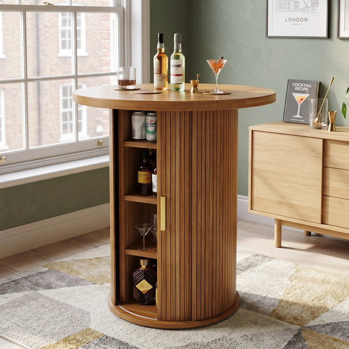 Wooden slatted round bar table with sliding door storage cabinet H92cm MAPLE SOFA