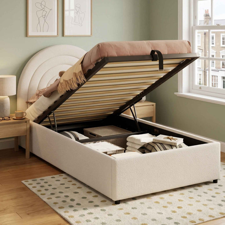 00+Single Upholstered Bed 3ft 90x190cm Boucle Beige with Storage, for Kids & Adults MAPLE STOOL