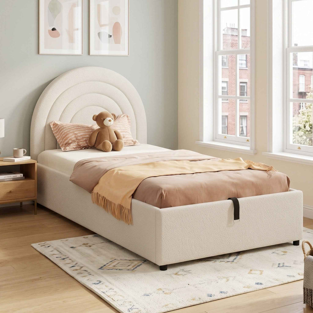00+Single Upholstered Bed 3ft 90x190cm Boucle Beige with Storage, for Kids & Adults MAPLE STOOL