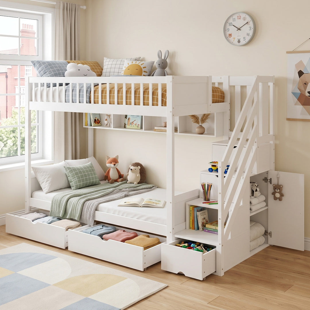 White single loft bunk bed solid wood with drawers 90x190cm (No Mattress) MAPLE TABLE