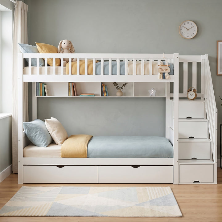 White single loft bunk bed solid wood with drawers 90x190cm (No Mattress) MAPLE TABLE