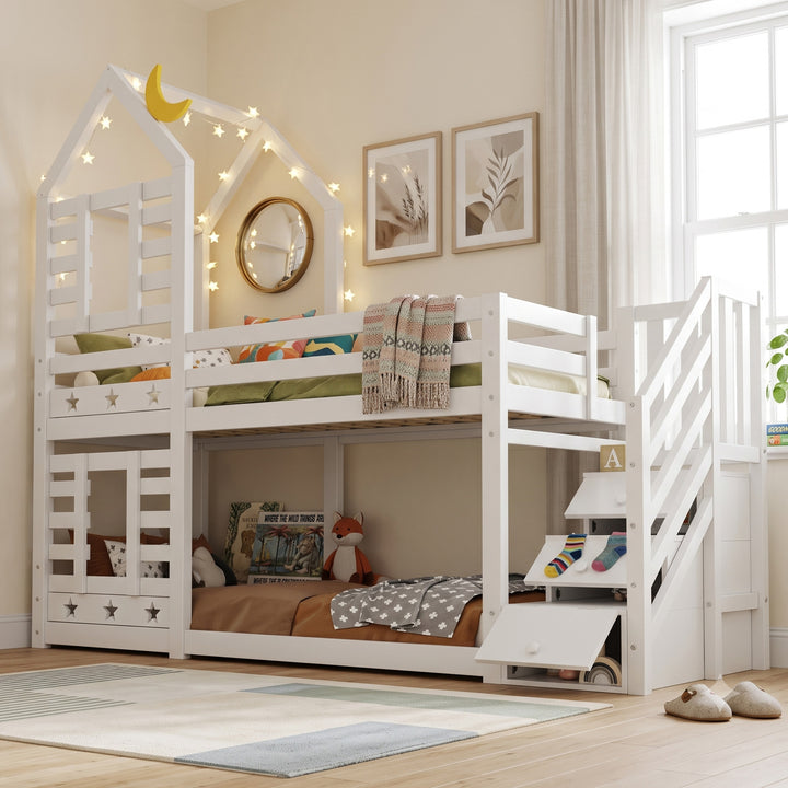 White wooden house shape single bunk bed with storage 190x90cm MAPLE VANITY