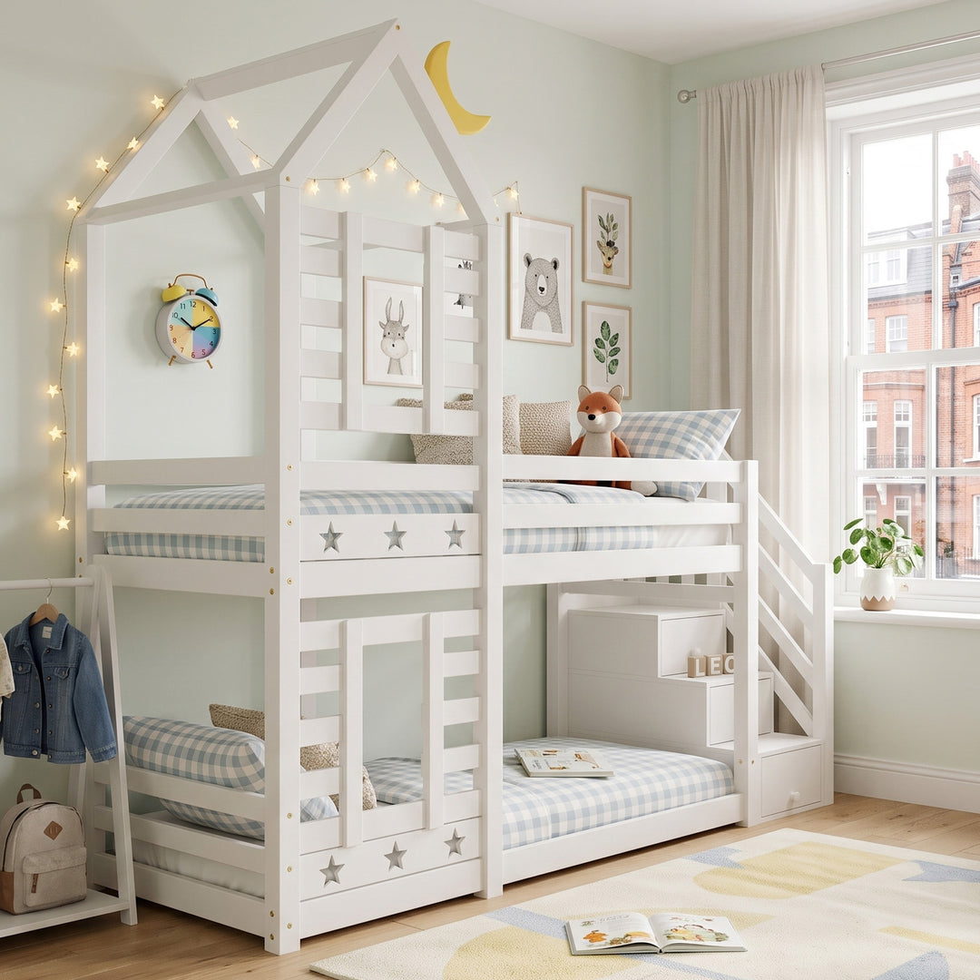 White wooden house shape single bunk bed with storage 190x90cm MAPLE VANITY