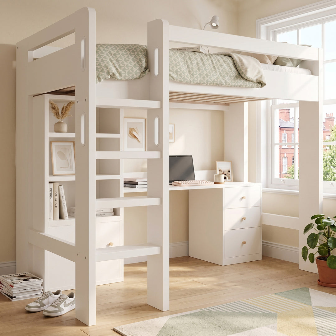 White wooden kids' high sleeper single loft bed with desk and shelves 90x190cm MARBLE BASKET