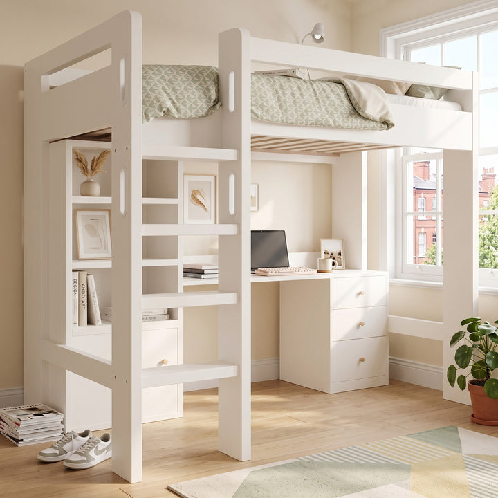 White wooden kids' high sleeper single loft bed with desk and shelves 90x190cm MARBLE BASKET