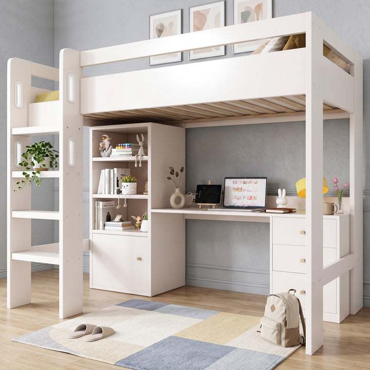 White wooden kids' high sleeper single loft bed with desk and shelves 90x190cm MARBLE BASKET
