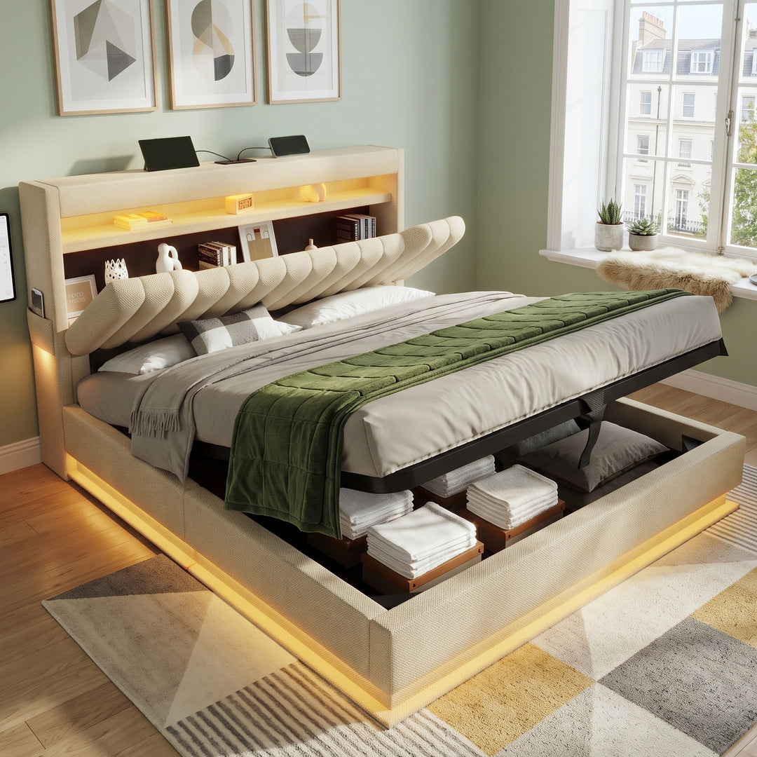 Upholstered king size ottoman bed linen biege with LED lighting, headboard storage 150x200cm MARBLE BOX