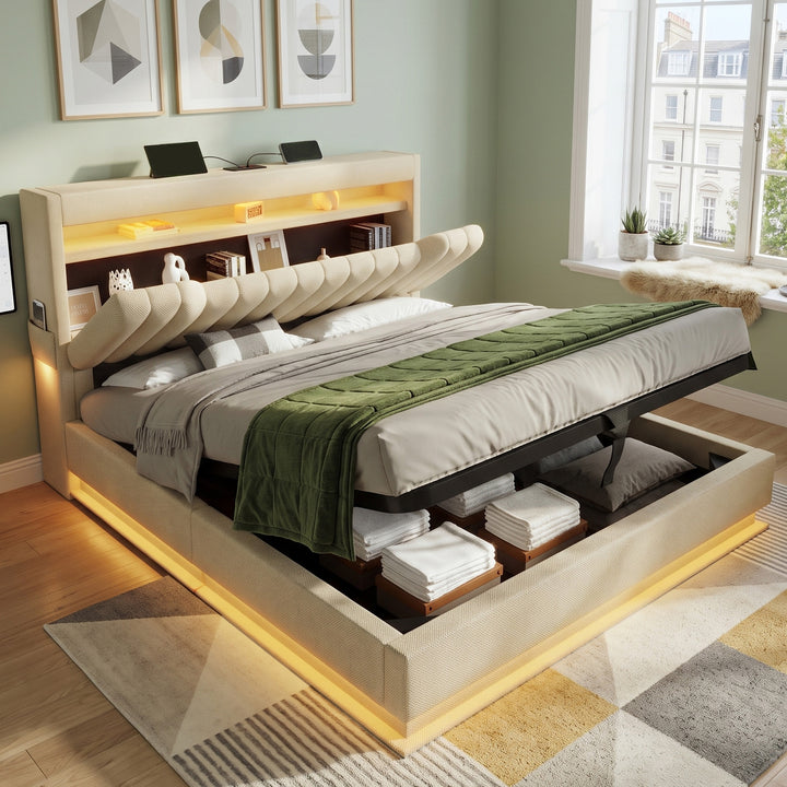 Upholstered king size ottoman bed linen biege with LED lighting, headboard storage 150x200cm MARBLE BOX