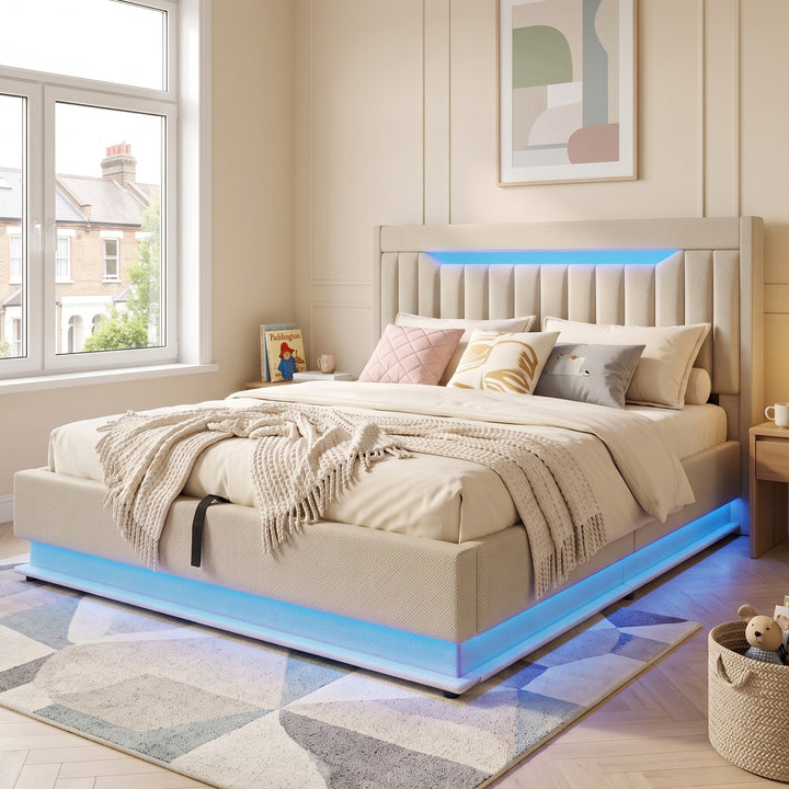 Upholstered king size ottoman bed linen biege with LED lighting, headboard storage 150x200cm MARBLE BOX