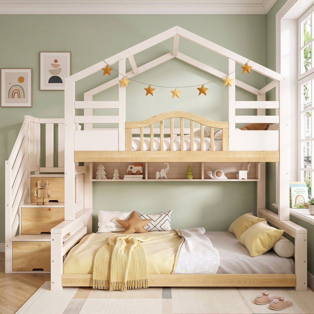 House-shaped bunk beds single &amp; double bed with storage solid wood, white & natural MARBLE CABINET