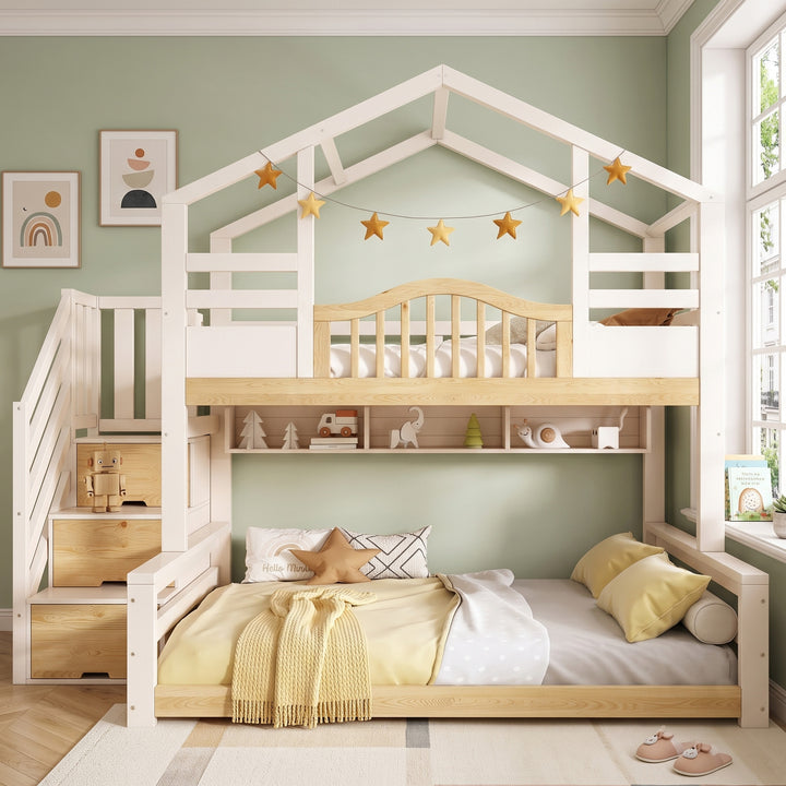 House-shaped bunk beds single &amp; double bed with storage solid wood, white & natural MARBLE CABINET