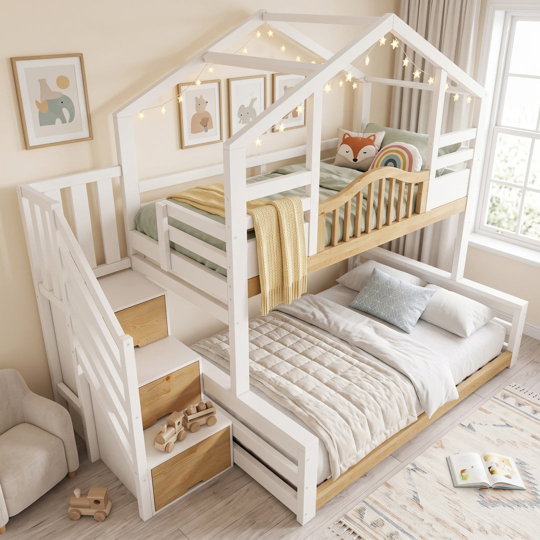 House-shaped bunk beds single &amp; double bed with storage solid wood, white & natural MARBLE CABINET