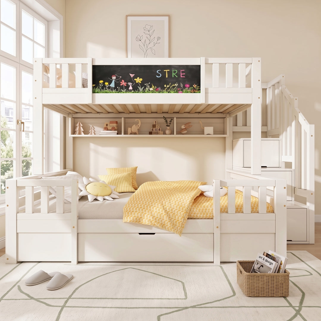 White wooden bunk beds with storage solid wood&nbsp; 90x190cm & 135x190cm MARBLE CART