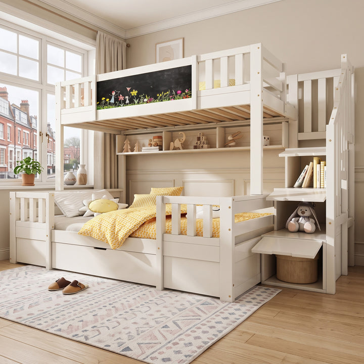 White wooden bunk beds with storage solid wood&nbsp; 90x190cm & 135x190cm MARBLE CART