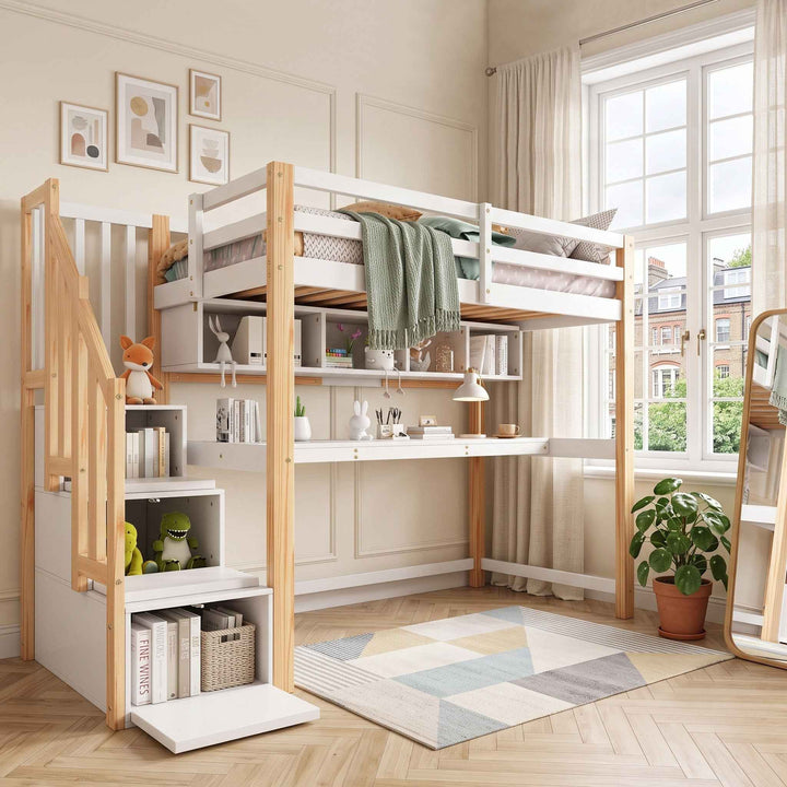 00+Wood House Bunk Bed 90x190 cm Solid Pine White+Natural for Kids MARBLE CORNER