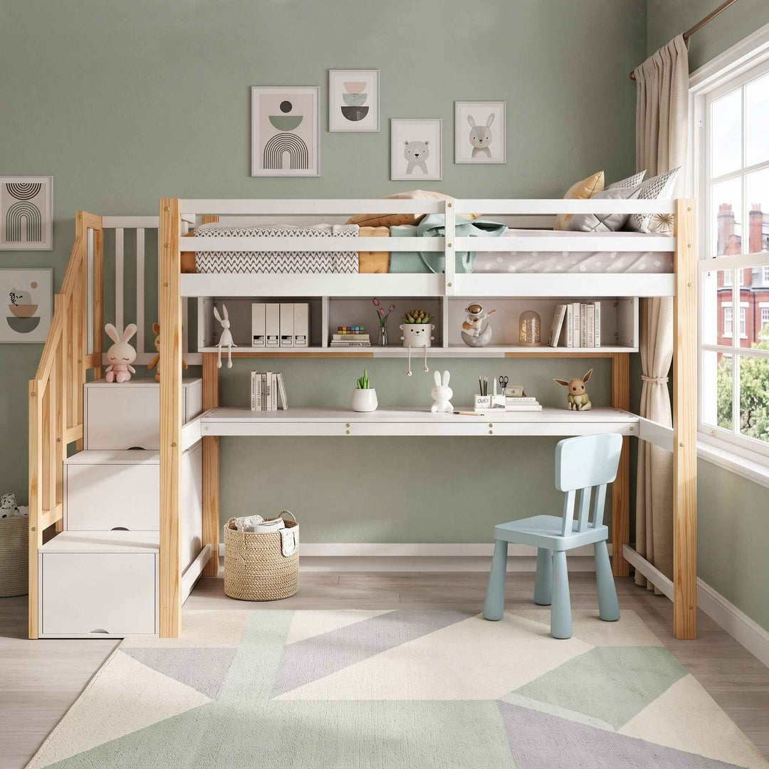 00+Wood House Bunk Bed 90x190 cm Solid Pine White+Natural for Kids MARBLE CORNER