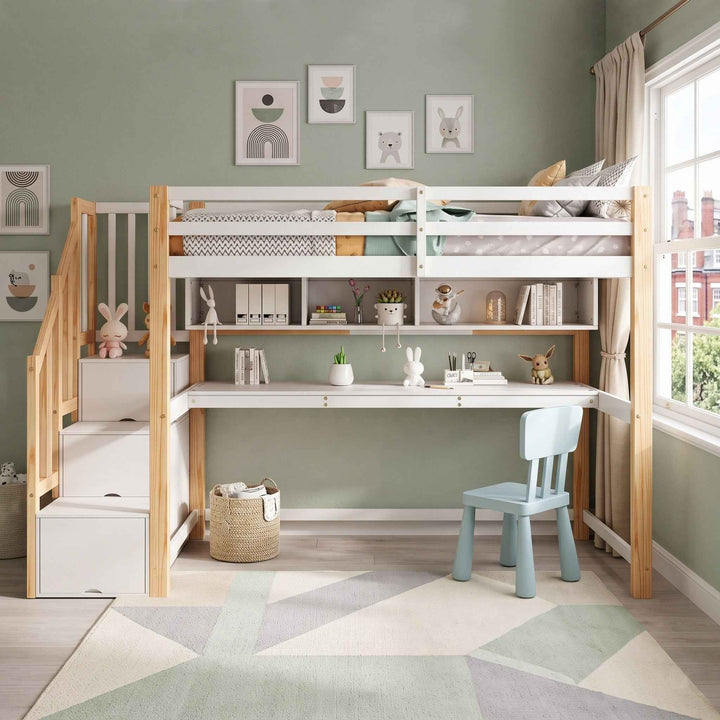 00+Wood House Bunk Bed 90x190 cm Solid Pine White+Natural for Kids MARBLE CORNER
