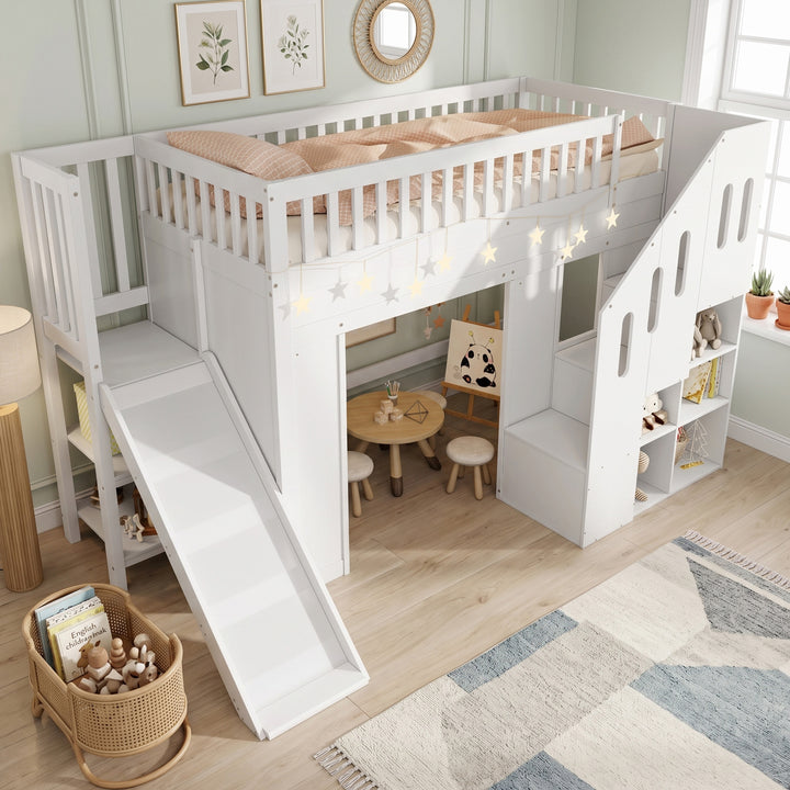 White wooden kids bunk bed with LED and slide + storage 90x190cm MARBLE CREDENZA