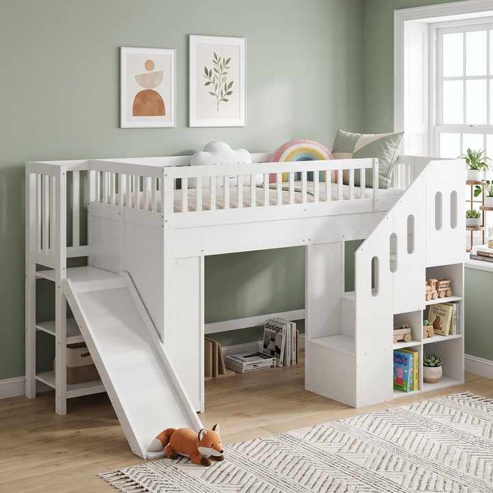 White wooden kids bunk bed with LED and slide + storage 90x190cm MARBLE CREDENZA