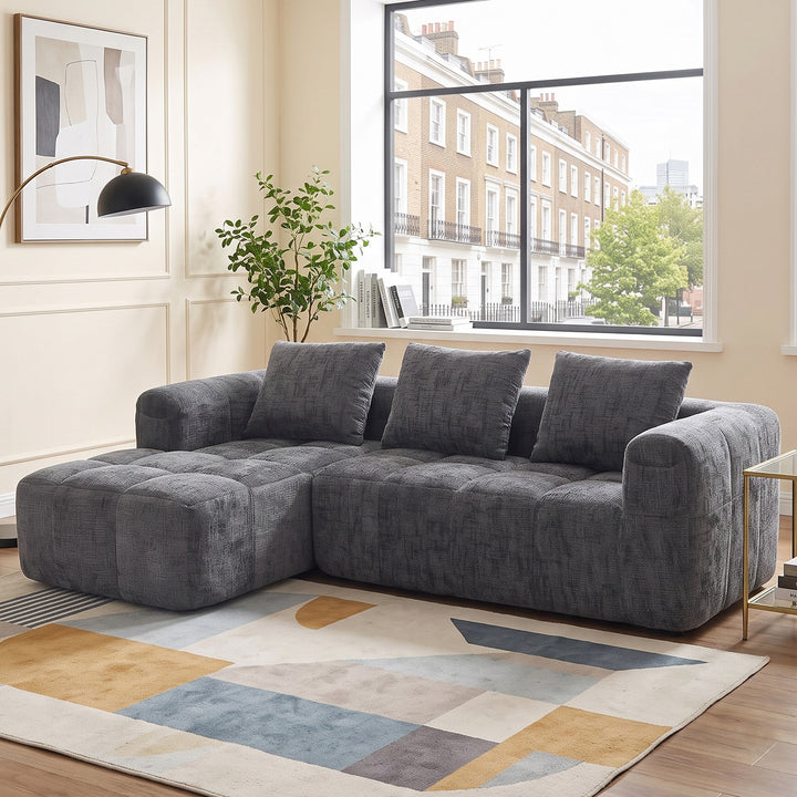 L-shaped 3-seater chenille grey with chaise, No Assembly Needed 250*158*60cm MARBLE CUSHION
