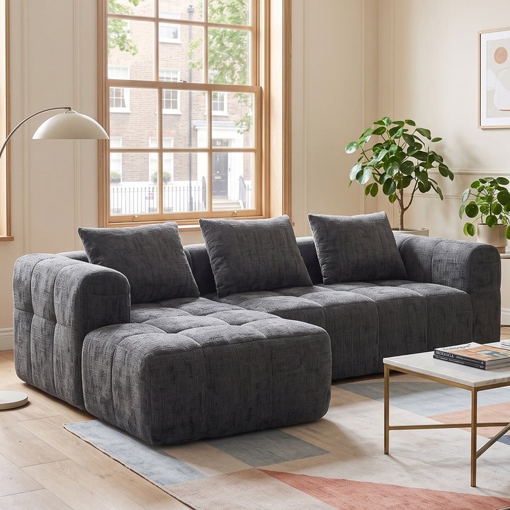 L-shaped 3-seater chenille grey with chaise, No Assembly Needed 250*158*60cm MARBLE CUSHION