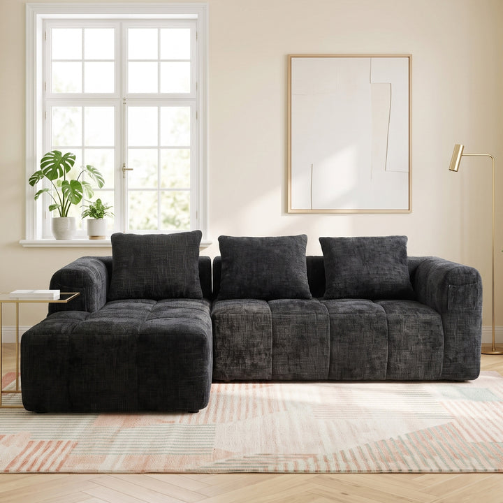 L-shaped 3-seater chenille black with chaise, No Assembly Needed 250*158*60cm MARBLE FLOOR