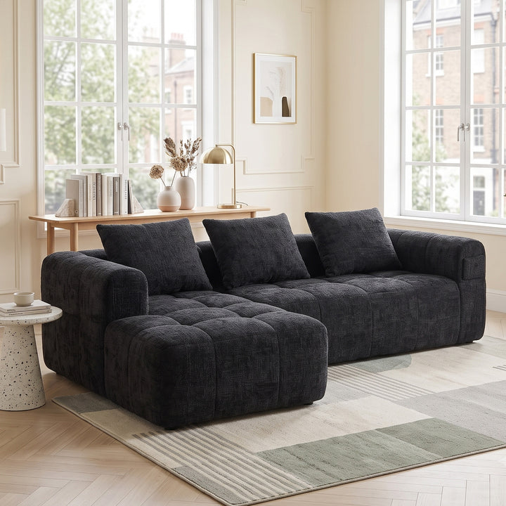 L-shaped 3-seater chenille black with chaise, No Assembly Needed 250*158*60cm MARBLE FLOOR