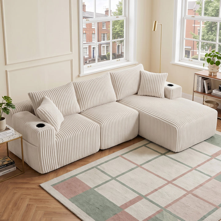 L-shaped 3-seater corduroy beige with chaise and 2 cup holders, No Assembly Needed 257*160*80cm MARBLE MIRROR