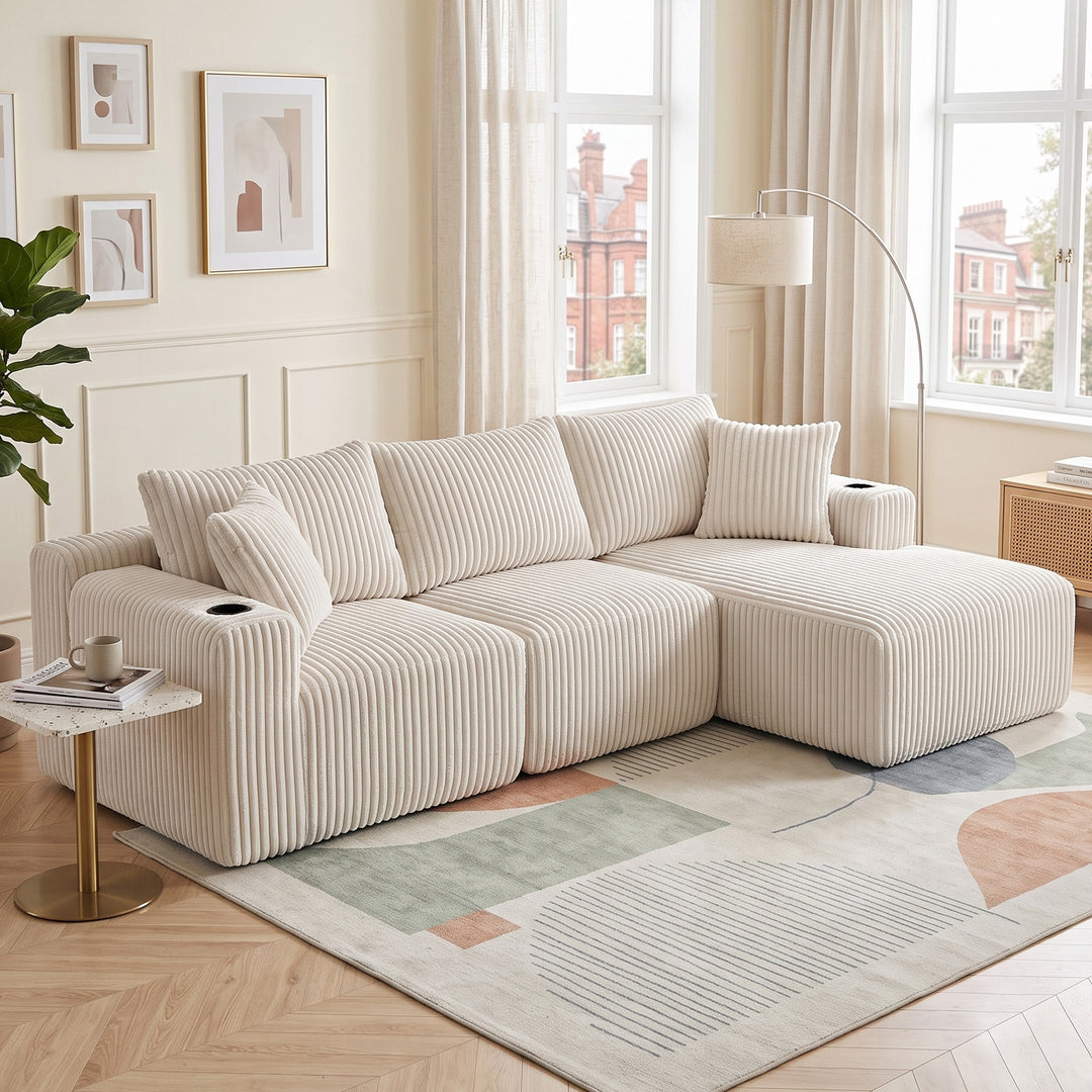 L-shaped 3-seater corduroy beige with chaise and 2 cup holders, No Assembly Needed 257*160*80cm MARBLE MIRROR