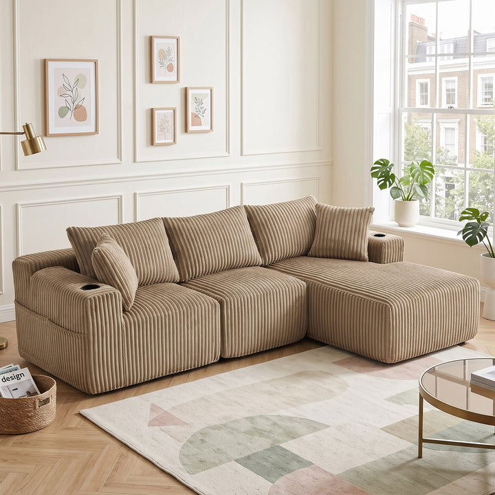 L-shaped 3-seater corduroy kaki with chaise and 2 cup holders, No Assembly Needed 257*160*80 cm MARBLE NIGHTSTAND