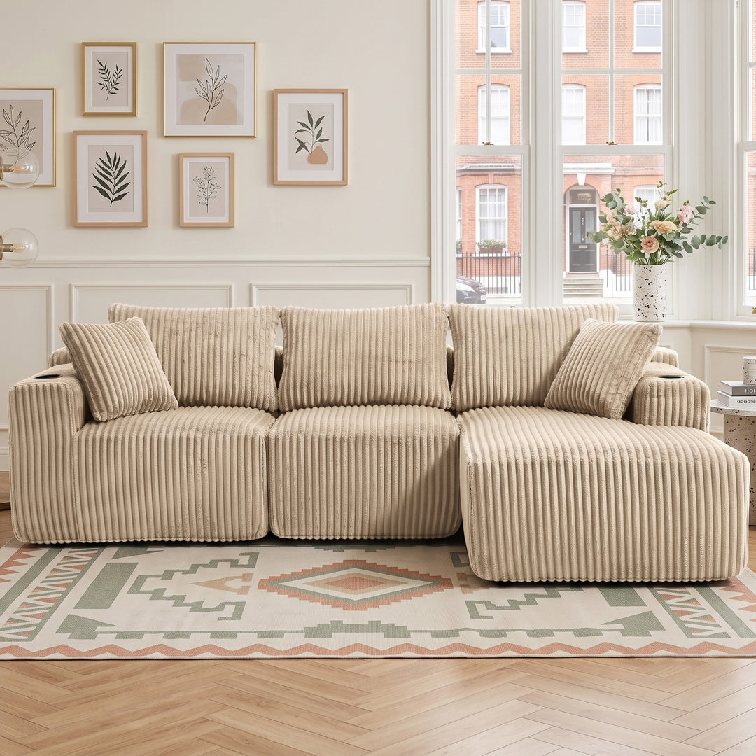 L-shaped 3-seater corduroy kaki with chaise and 2 cup holders, No Assembly Needed 257*160*80 cm MARBLE NIGHTSTAND
