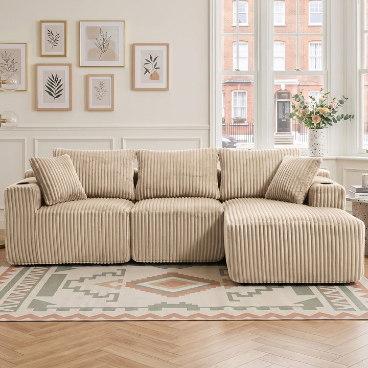 L-shaped 3-seater corduroy kaki with chaise and 2 cup holders, No Assembly Needed 257*160*80 cm MARBLE NIGHTSTAND