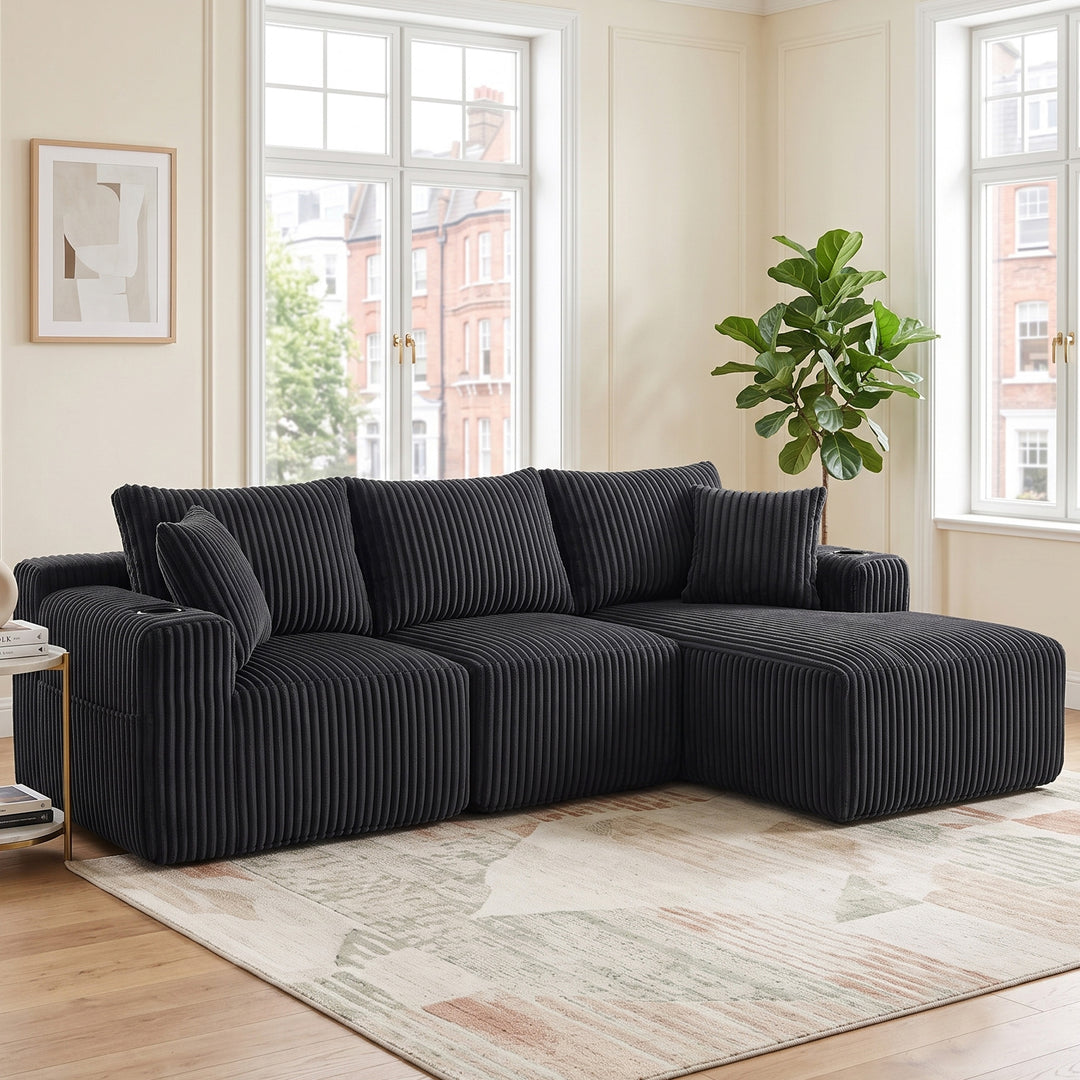 L-shaped 3-seater corduroy black with chaise and 2 cup holders, No Assembly Needed 257*160*80cm MARBLE ROOM