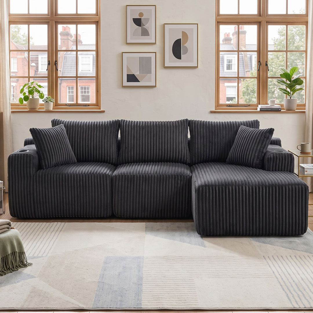 L-shaped 3-seater corduroy black with chaise and 2 cup holders, No Assembly Needed 257*160*80cm MARBLE ROOM