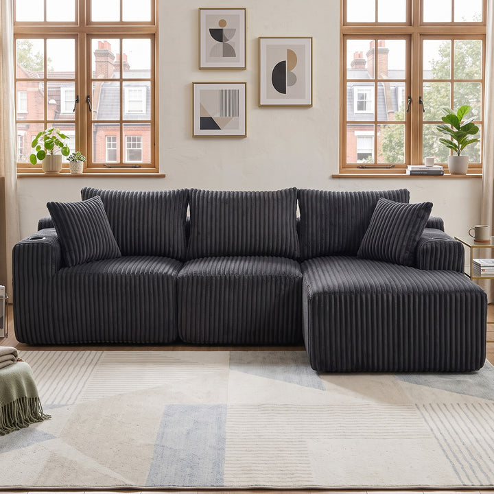 L-shaped 3-seater corduroy black with chaise and 2 cup holders, No Assembly Needed 257*160*80cm MARBLE ROOM