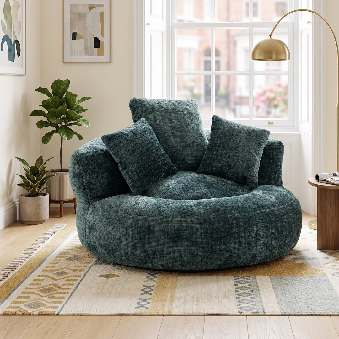 Round bean bag armchair chenille green with 3 pillows MARBLE RUG