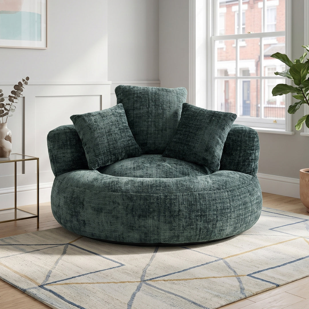 Round bean bag armchair chenille green with 3 pillows MARBLE RUG