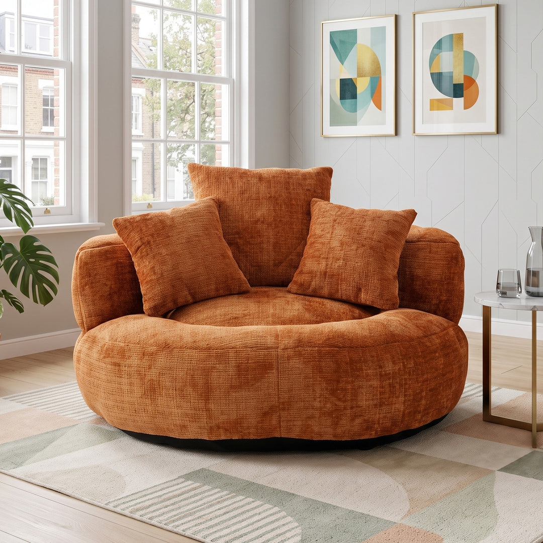 Round bean bag armchair chenille orange &amp; 3 pillows MARBLE SIDEBOARD