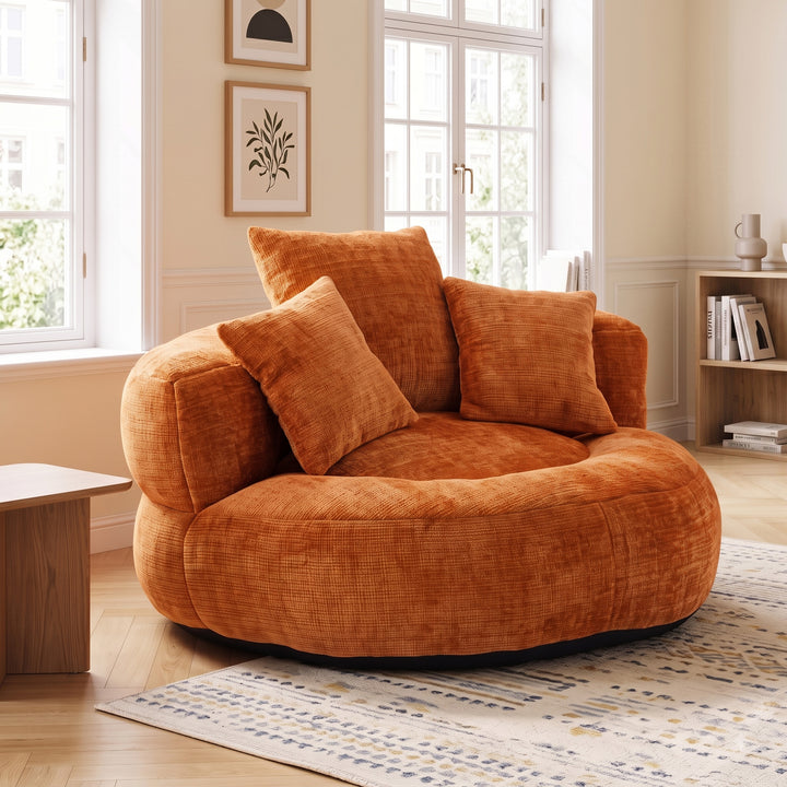 Round bean bag armchair chenille orange &amp; 3 pillows MARBLE SIDEBOARD