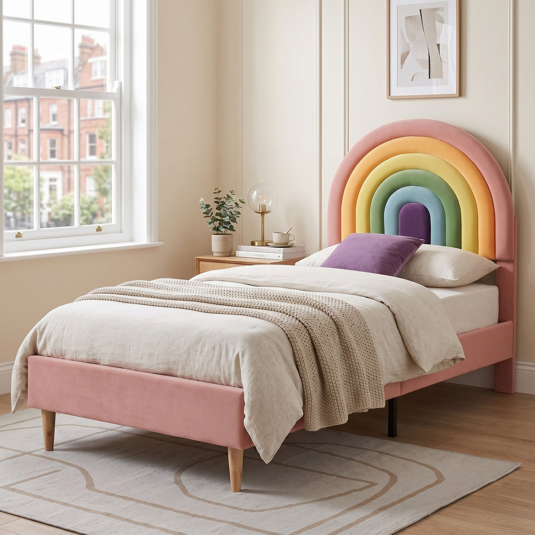 Velvet pink upholstered rainbow design kids single bed with adjustable headboard 90x190cm MARBLE TRAY