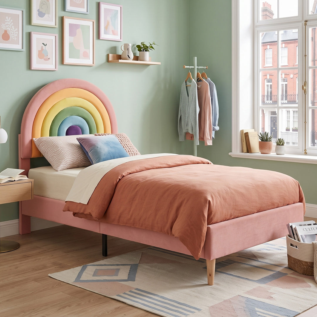 Velvet pink upholstered rainbow design kids single bed with adjustable headboard 90x190cm MARBLE TRAY