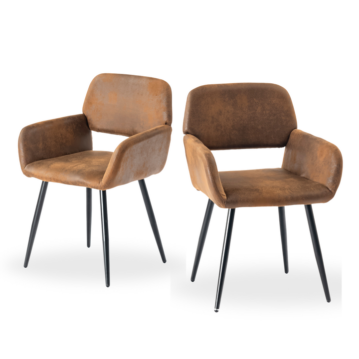 Set of 2 industrial style dining chairs retro brown fabric with black legs MAYFAIR SUEDE BROWN