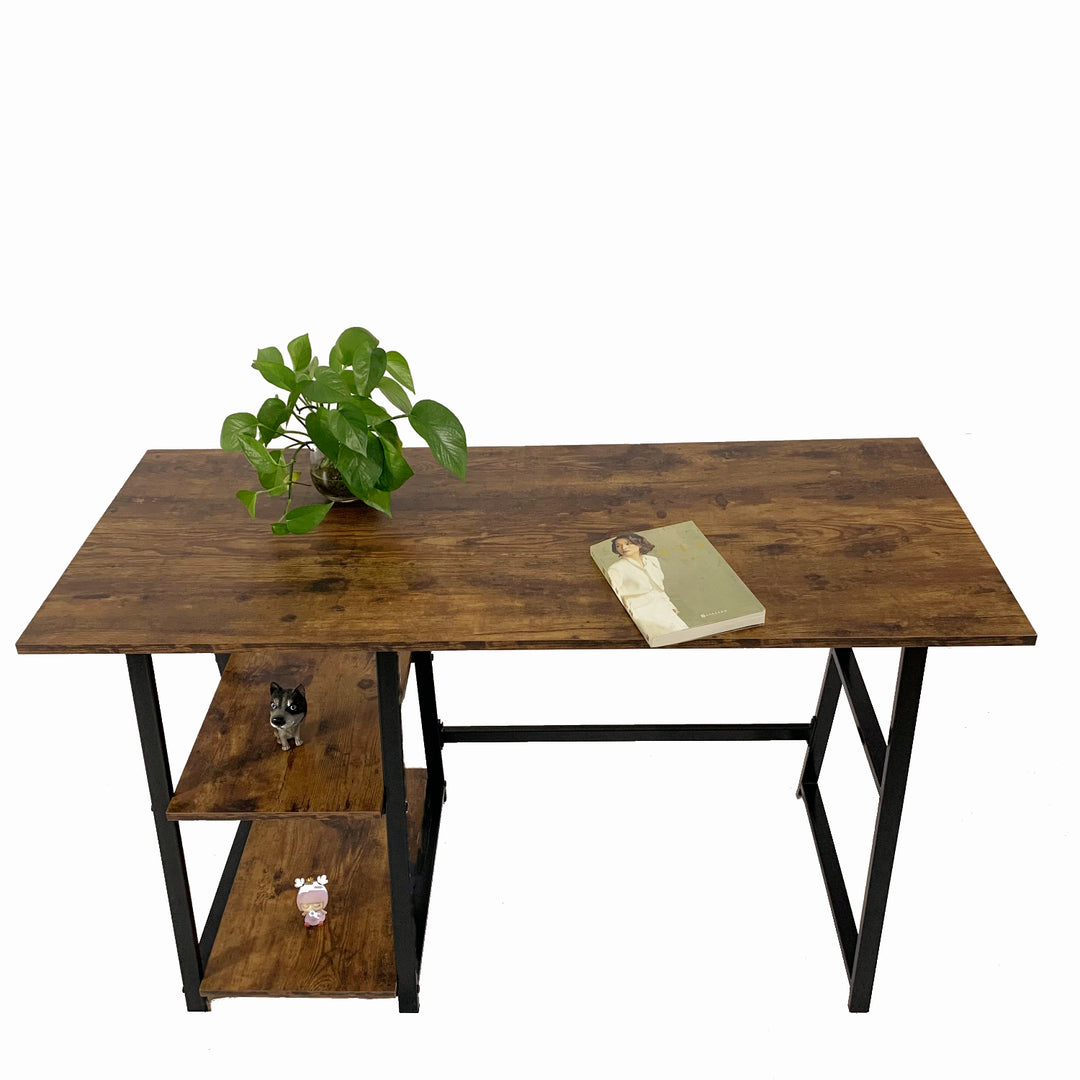 Modern and simple home office desk with double-layer shelf, retro wooden desktop, black metal frame MCGHEE VINTAGE BROWN